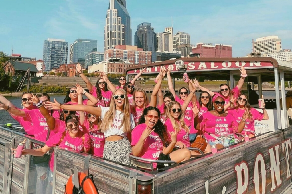 group of ladies in matching shirts on bachelorette cruise