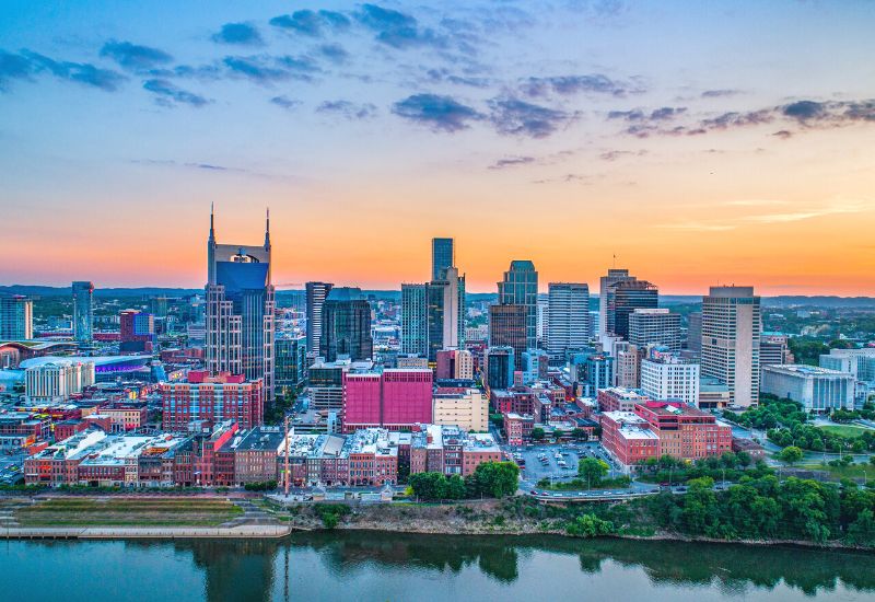 aerial view of nashville at sunset